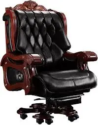 Luxury Solid Wood Boss Chair, Cowhide Business Executive Chairs with Footrest, 150° Reclining High-Back Ergonomic Office Seat, Adjustable Liftable Swivel (Black) Demo